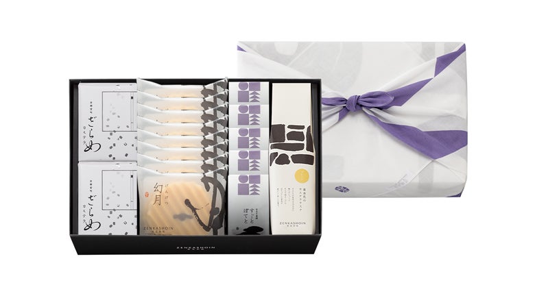 ざらめカステラ2個/幻月8枚/すぃーとぽてと5個/黄金色のカステララスク1箱の詰合せ(風呂敷包み)